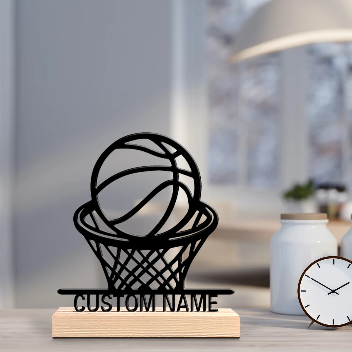 1pc Weird Personalized Custom basketball Metal Statues Wooden Base Wall Decor for Kitchen Dining Room Modern Rustic Home Style