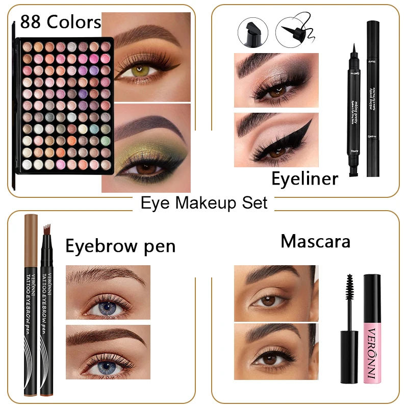 88 Colors Eyeshadow Palette Makeup Set, Liquid Eyebrow Pen, Tinted Brow Gel, Double Head Black Eyeliner Stamp, Waterproof Eye view 4