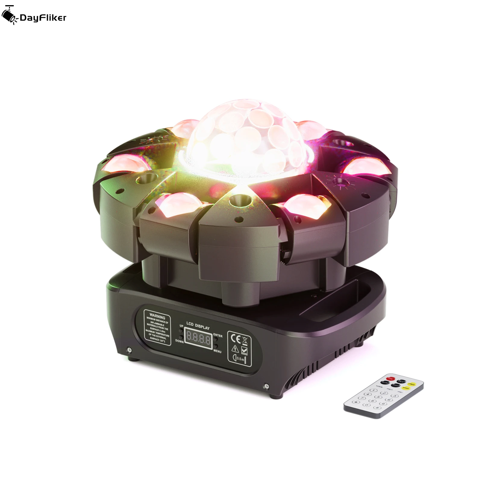 

Сценический световой прибор DayFlicker 150W RGBW с 6 лучами и эффектом Magic Ball - дистанционное управление, звуковая активация, режимы DMX512 Master/Slave для DJ, клубов, баров, вечеринок