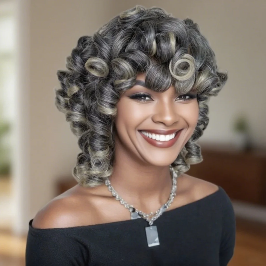 

Synthetic Short Loose Curly Afro Wigs 12 Inch Ombre Gray Big Bouncy Bob Wig with Bangs for Women Heat Resistant Full Hair Wig