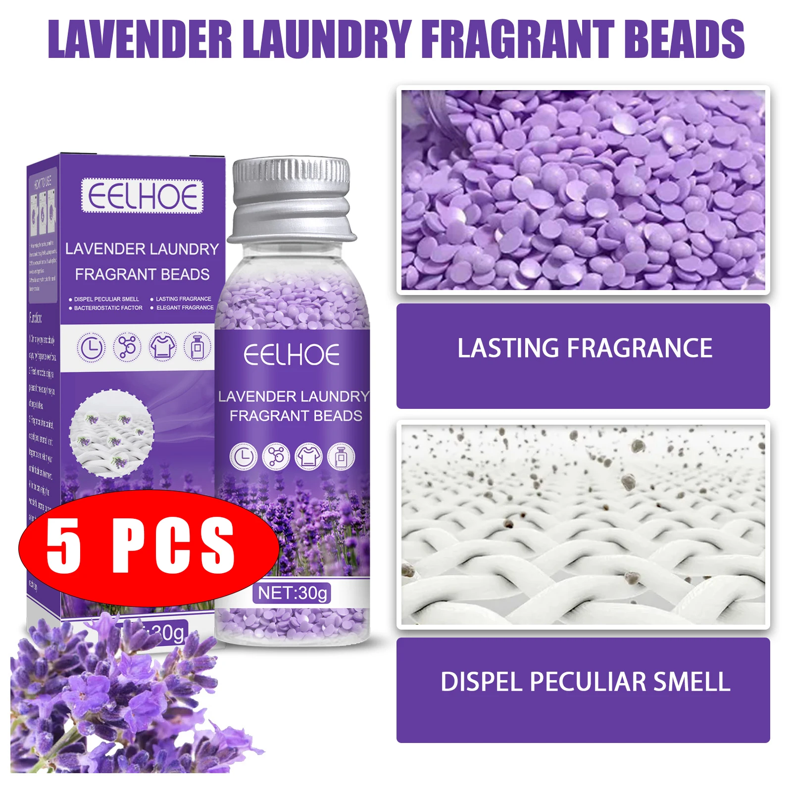 5PCS Lavender Fragrance Beads Laundry Softener Washing Machine Clean Detergent  Perfume Care Wearing Diffuser Clothes Scent Bead