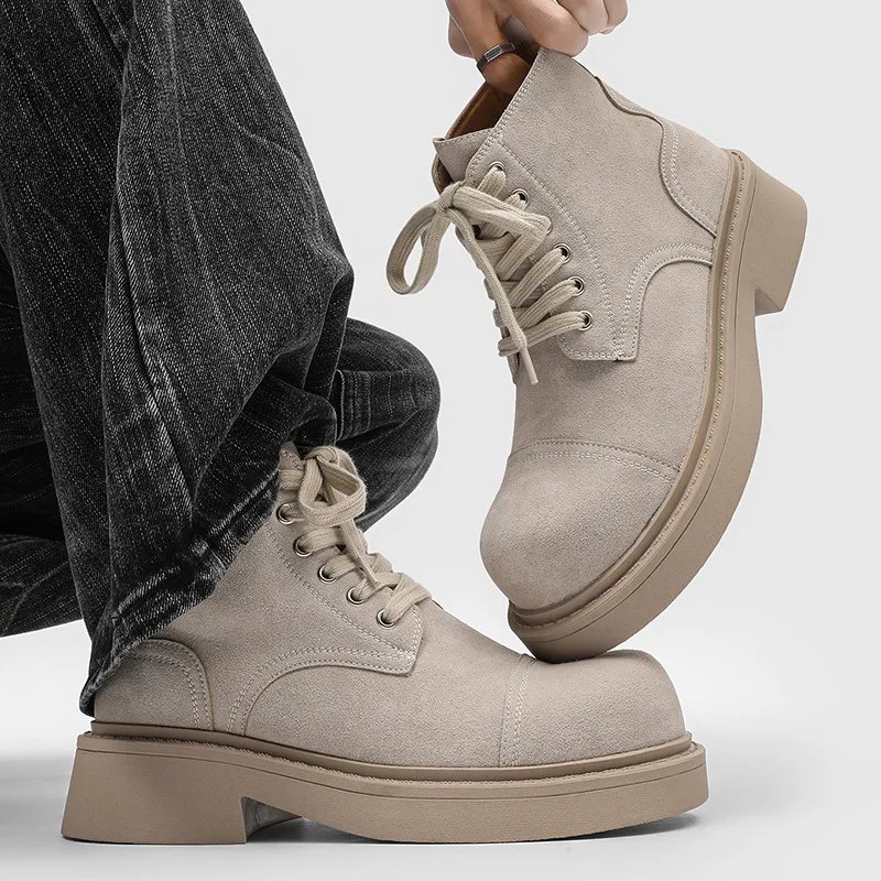 British style men casual cow suede leather boots lace-up platform shoes cowboy tooling work boot outdoors stylish ankle botas