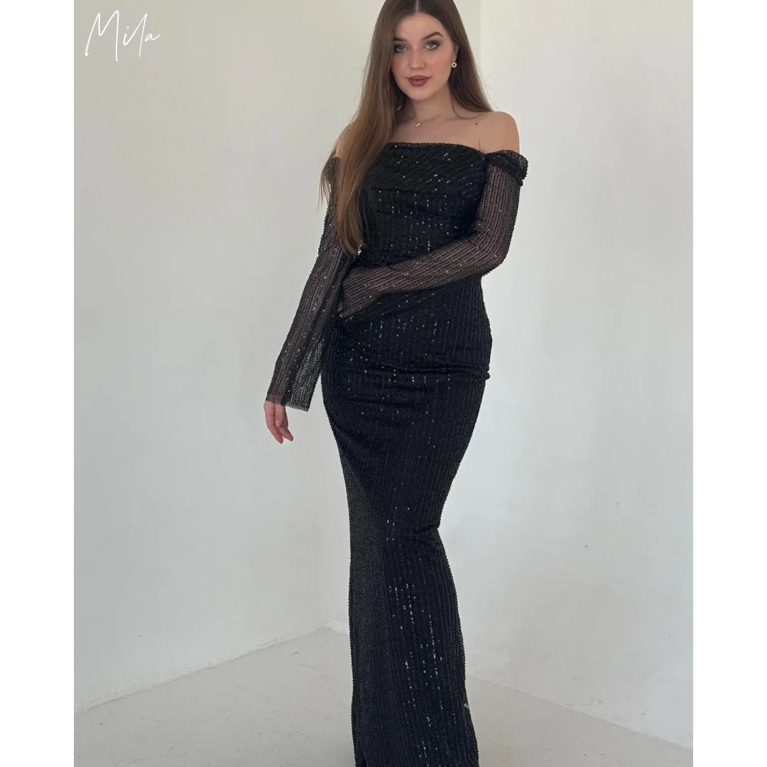 

Black Off-Shoulder Mesh Long Sleeve Sequin Customized Formal Evening Fitted Mermaid Gown vestidos de gala Elegant Prom Dresses
