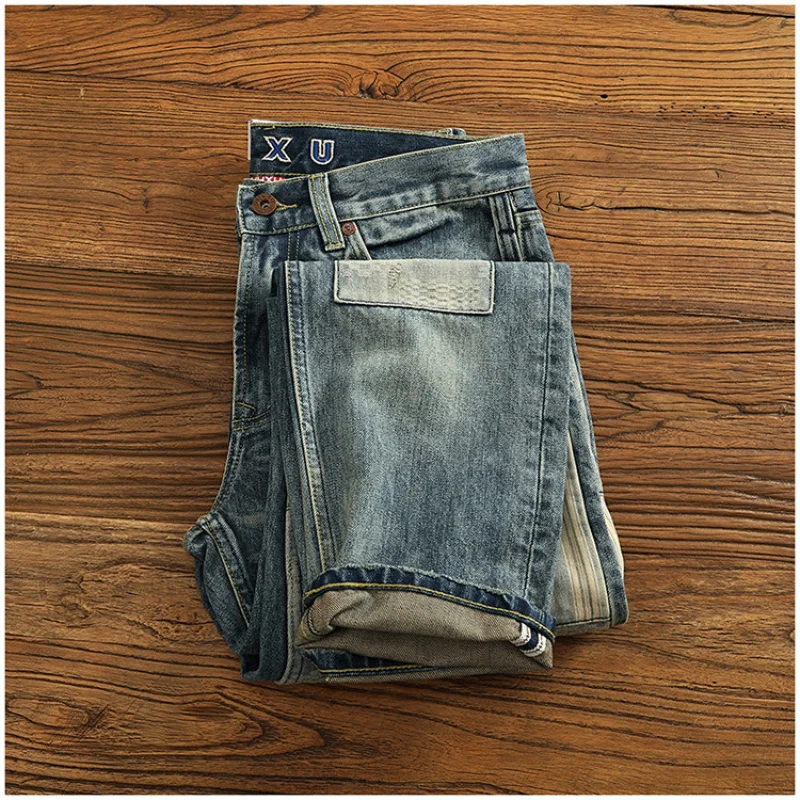 American retro patchwork trendy brand jeans for men, high-end distressed design, street slim fit small leg pants