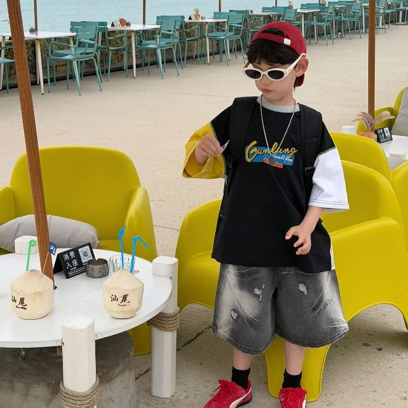 Korean Version of Children's Multi-color Splicing American Letter Cotton T-shirt Boys' Short-sleeved Top 2026 Summer New