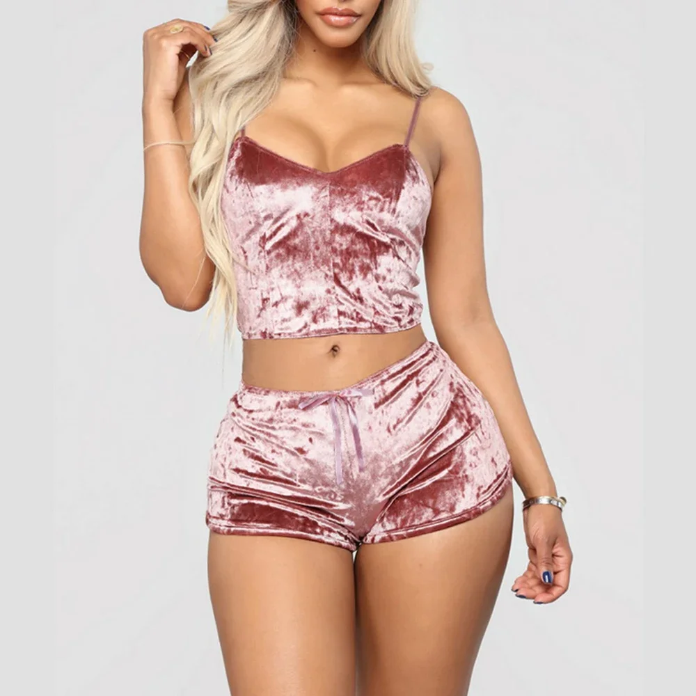 2 teile/satz Damen Samt Polyester bequeme V-Ausschnitt Unterwäsche Crop Top Shorts Pyjama Set Homewear ärmellose Top Shorts Camis – Detail 8