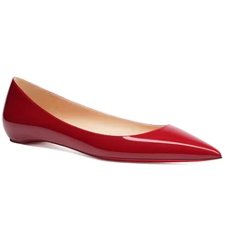French Sexy Cherry Red Flats Bright Patent Leather Quality Soft Comfortable Women Low Heel Pumps Spring Summer Slip on Shoes