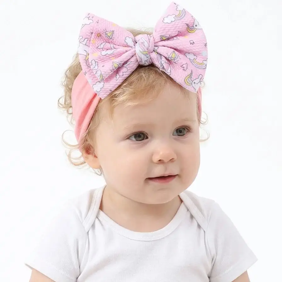 

Детская нейлоновая повязка на голову с большим принтованным бантом, мягкий и эластичный аксессуар для волос, головной убор для малышей.