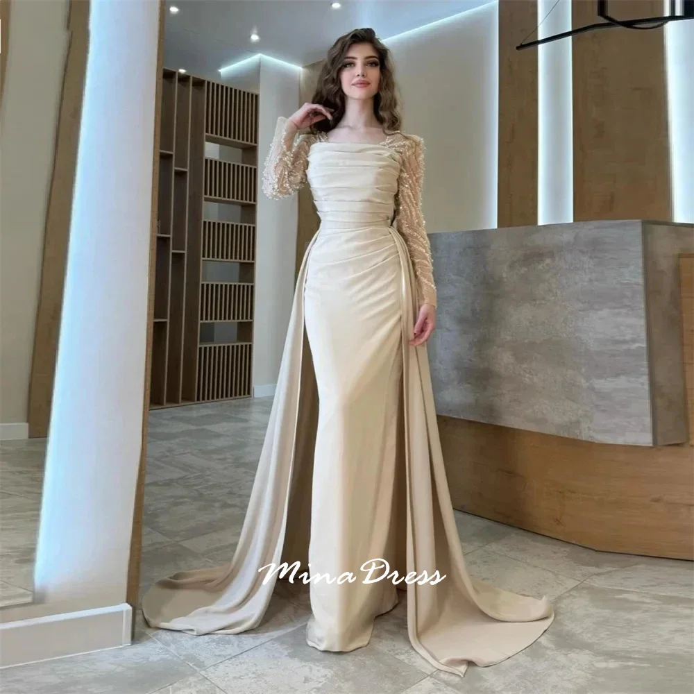

Mina Customized Square Collar Straight Tube and Floor Long Skirt With Pleated Draped Beads to Detachable Tail New in Dresses