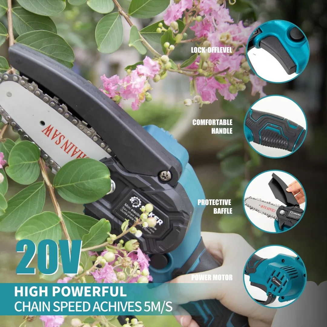 Saker 4 Inch Mini Electric Chain Saw Portable Cordless Handheld Pruning Shears Tree Courtyard Garden Woodworking Tool W/Battery