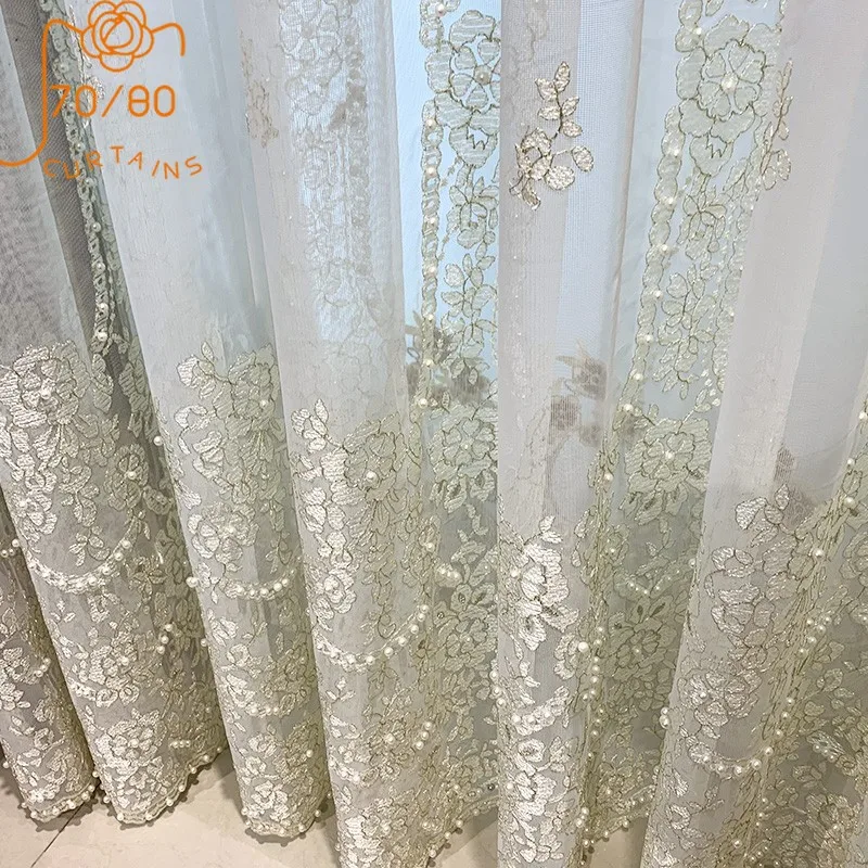 

French Romantic Girl Lace Opaque Pearl Embroidered Lace White Screen Curtains for Living Room Bedroom Partition Decoration