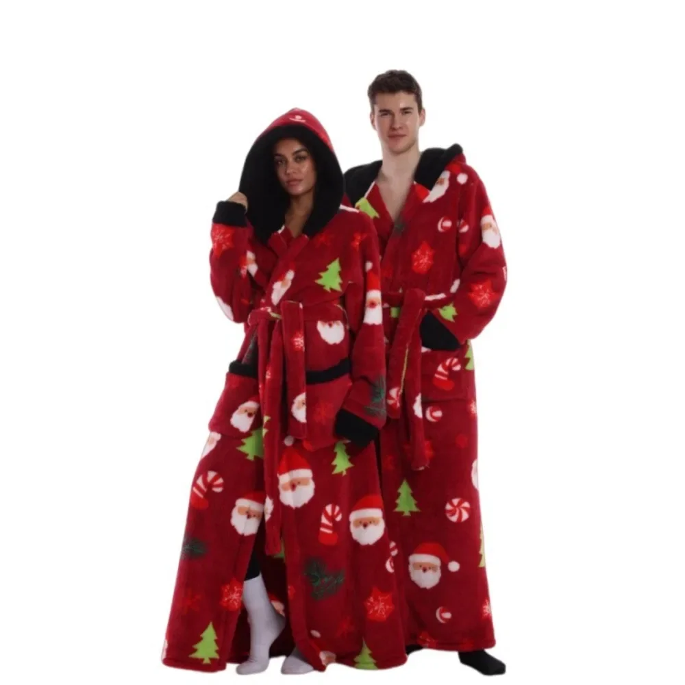 Christmas Robe Hooded Lounge Robe with Pockets and Belt One Size Flannel Blanket Designed for Women Men Bedtime Lounging