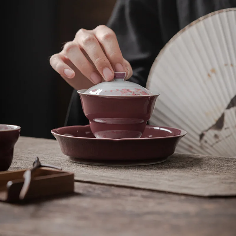 Purple Peach Hand Painted Gourd Covered Bowl Chinese Imitation Ancient Ceramic Kung Fu Tea Set Tea Bowl Literati Tea Set