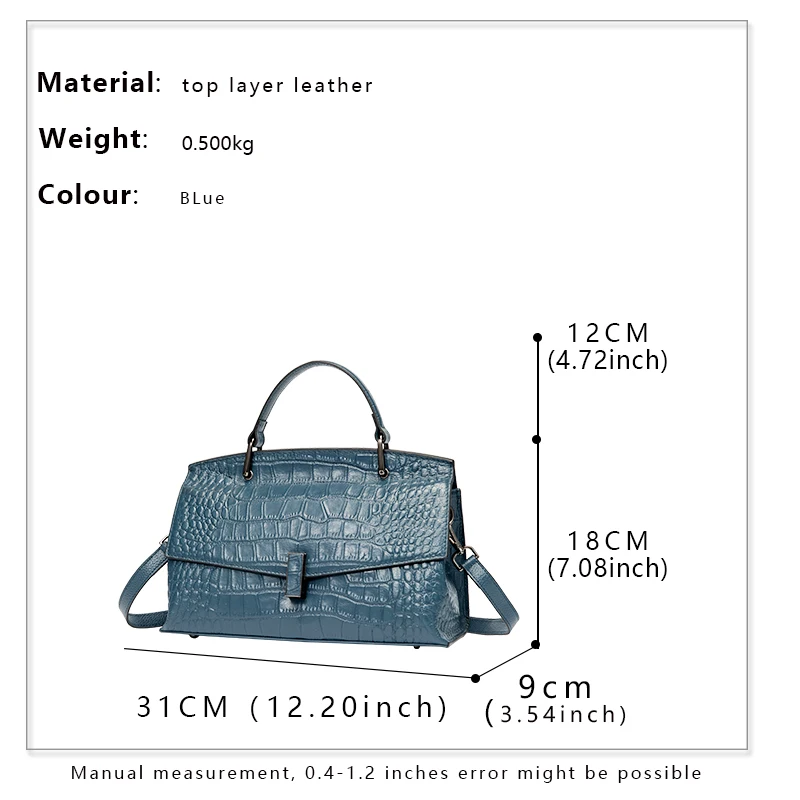 Light Luxury Crocodile Pattern Women\'s Handbag Fashionable and Versatile Mist Blue Cowhide Single Shoulder Crossbody Bag