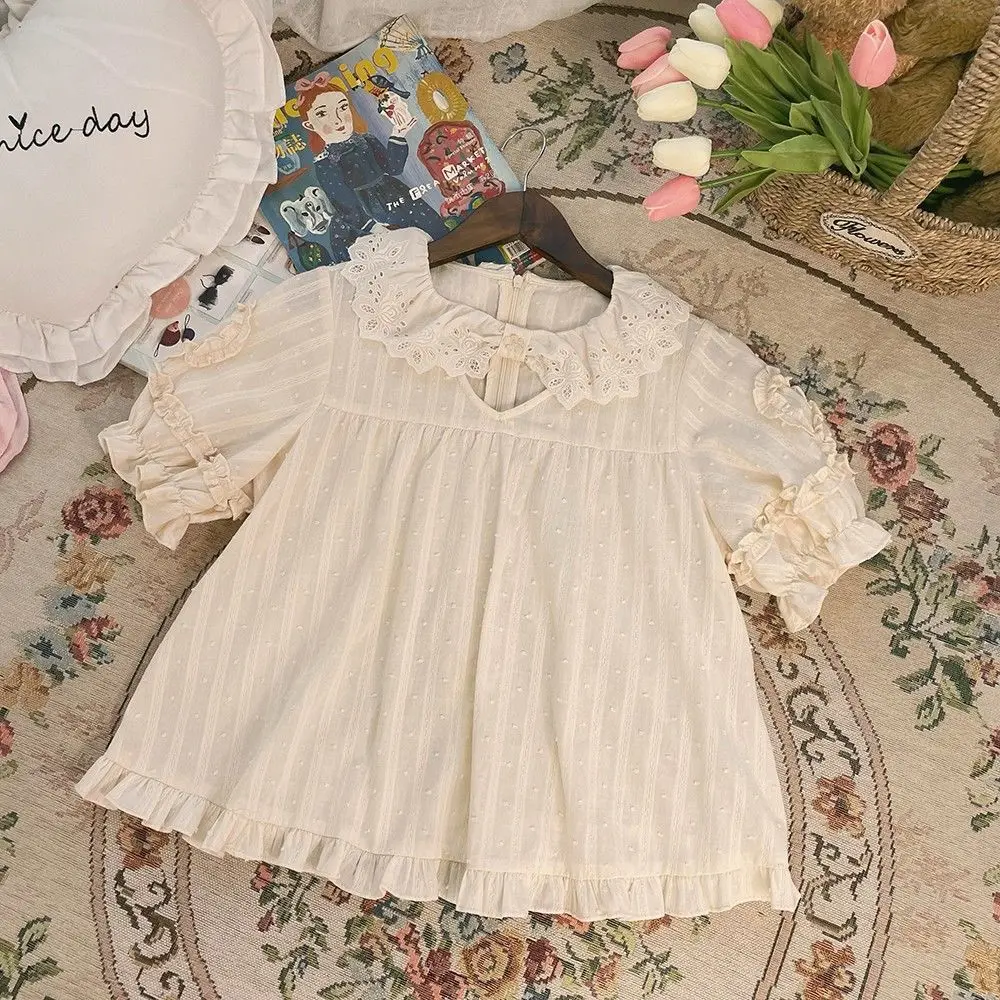 

NONSAR Japanese Sweet Women Blouses Lolita Apricot Kawaii Lace Peter Pan Collar Shirt Cute Preppy Ruffles Puff Short Sleeve Tops
