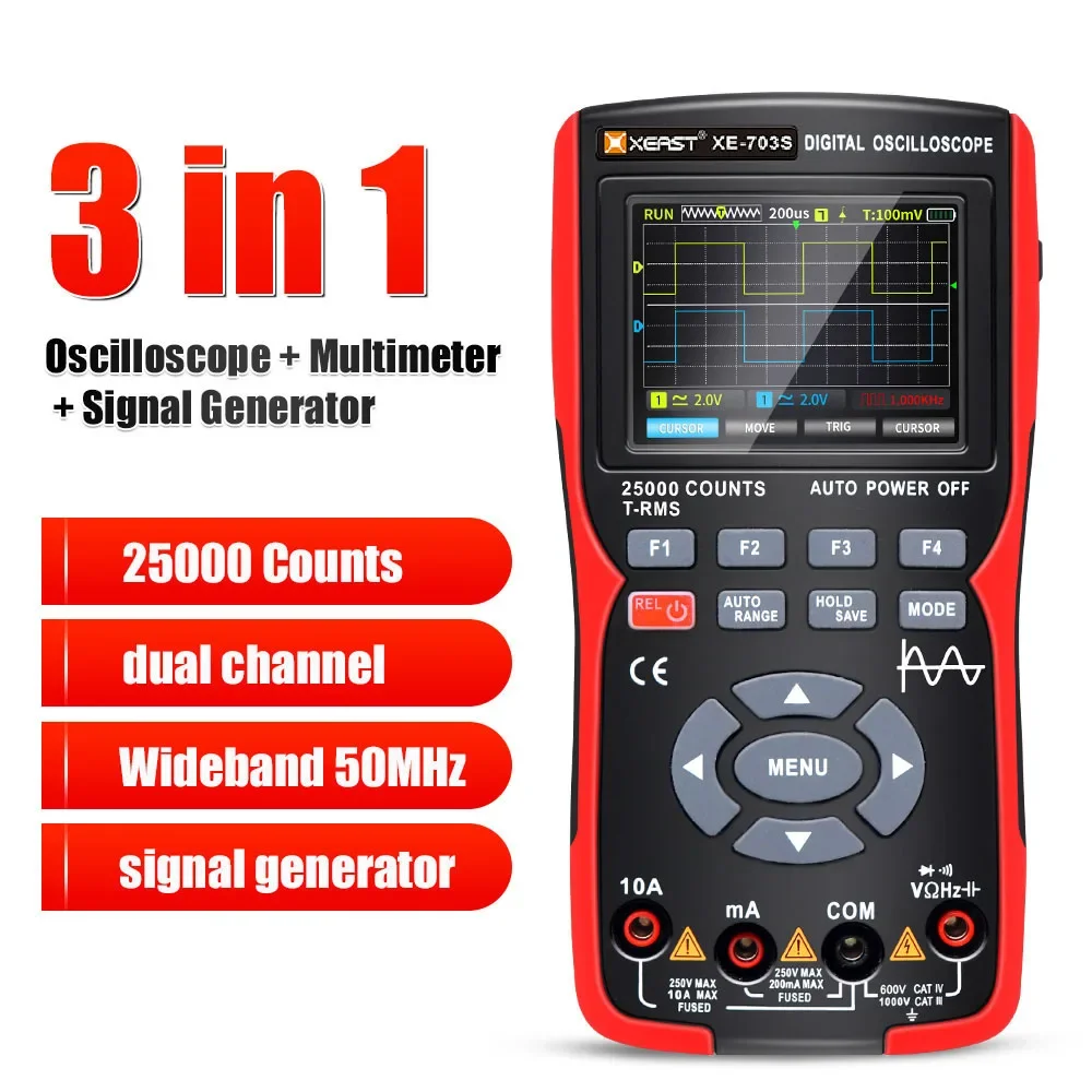 XEAST XE-703S Multi-Function Oscilloscope 2 ช่อง 50MHz 280MS อัตราการสุ่มตัวอย่าง 3 ใน 1 เครื่องกําเนิดสัญญาณ Oscilloscope มัลติมิเตอร์