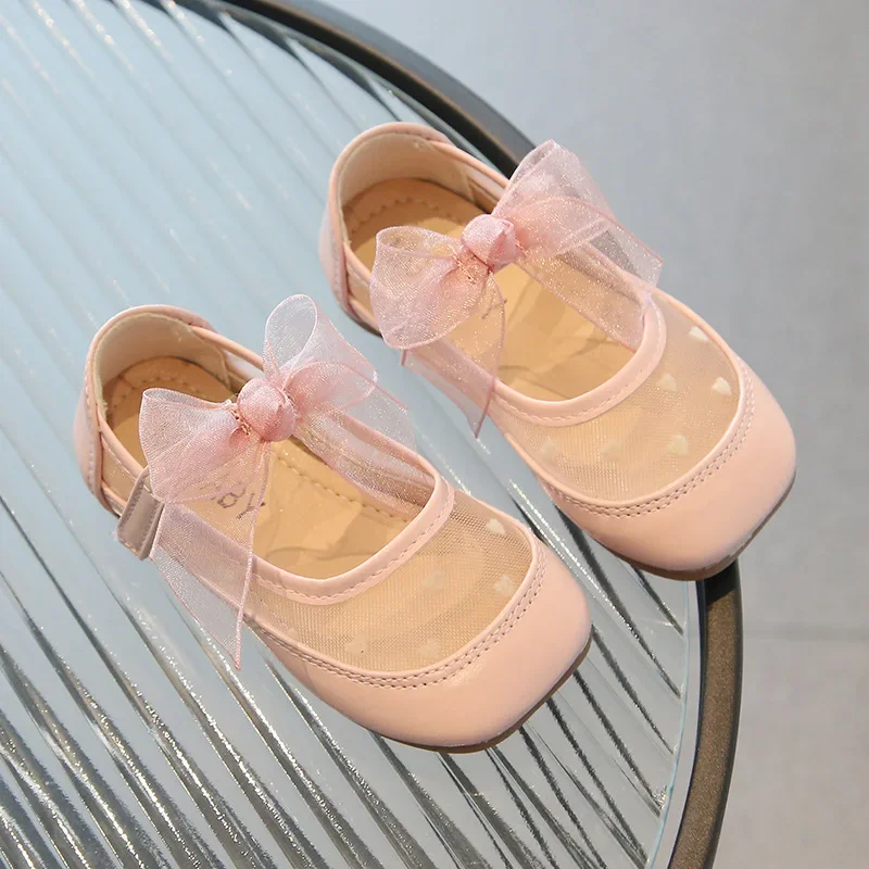 2024 Summer New Children Flat Shoes Girls Mary Janes Mesh Bowknot Casual Shoes Kids Square Toe Non-slip Leisure Comfy Baby Shoes