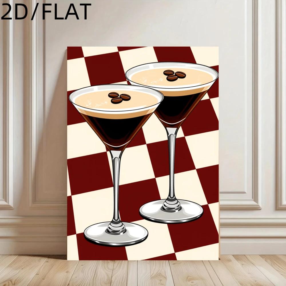 Framed Canvas Wall Art, Martini Glass Print with Red‑White Checkered Background, Wall Decor for Living Room Dining Room Bar