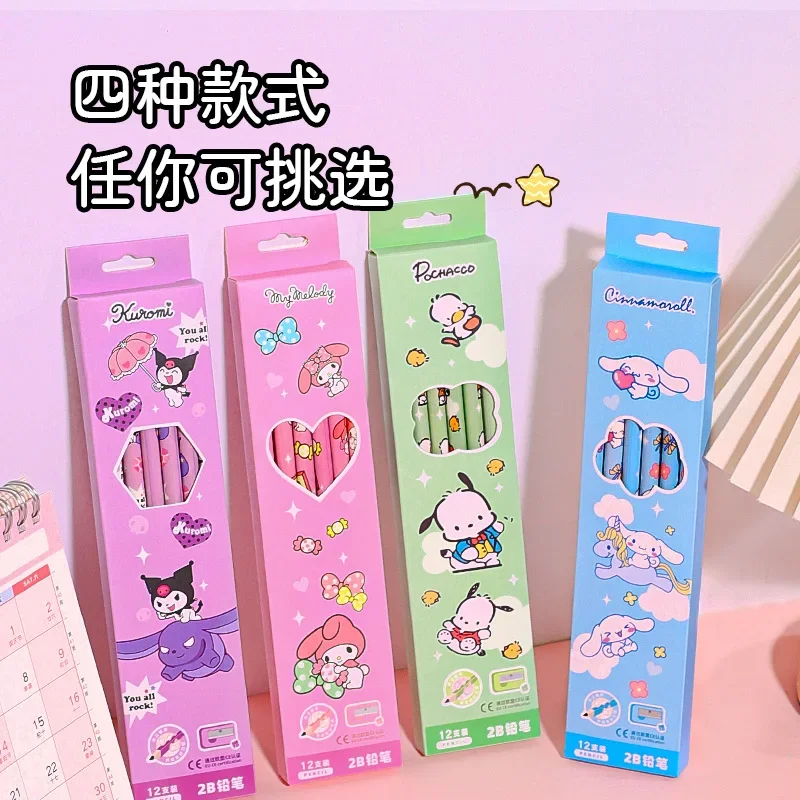 Sanrio Mymelody Cinnamoroll Kuromi Pencil 12pcs Boxed Wooden Pencil Primary School Student Sketch Pen Writing Pen with Eraser HB