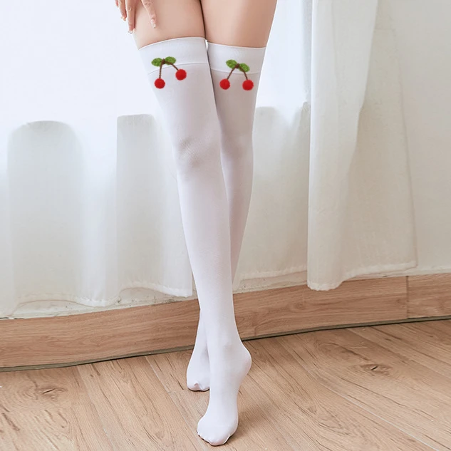 

cherry Women Stockings White Underwear Cute Girl Thigh High Socks 120D Velvet Hosiery for girlfriend gifts medias de mujer