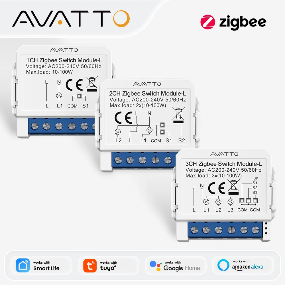 AVATTO Tuya ZigBee Smart Light Switch No Neutral Relay Module 1/2/3 Gang,AVATTO App Remote Control,Work with Alexa Google Home