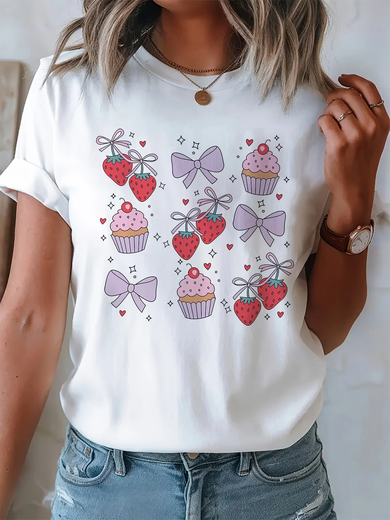 

Butterfly Knot Strawberry Cupcake Pattern Print Summer Women's Top Short Sleeved Casual Round Neck T-shirt Summer Women Clothing