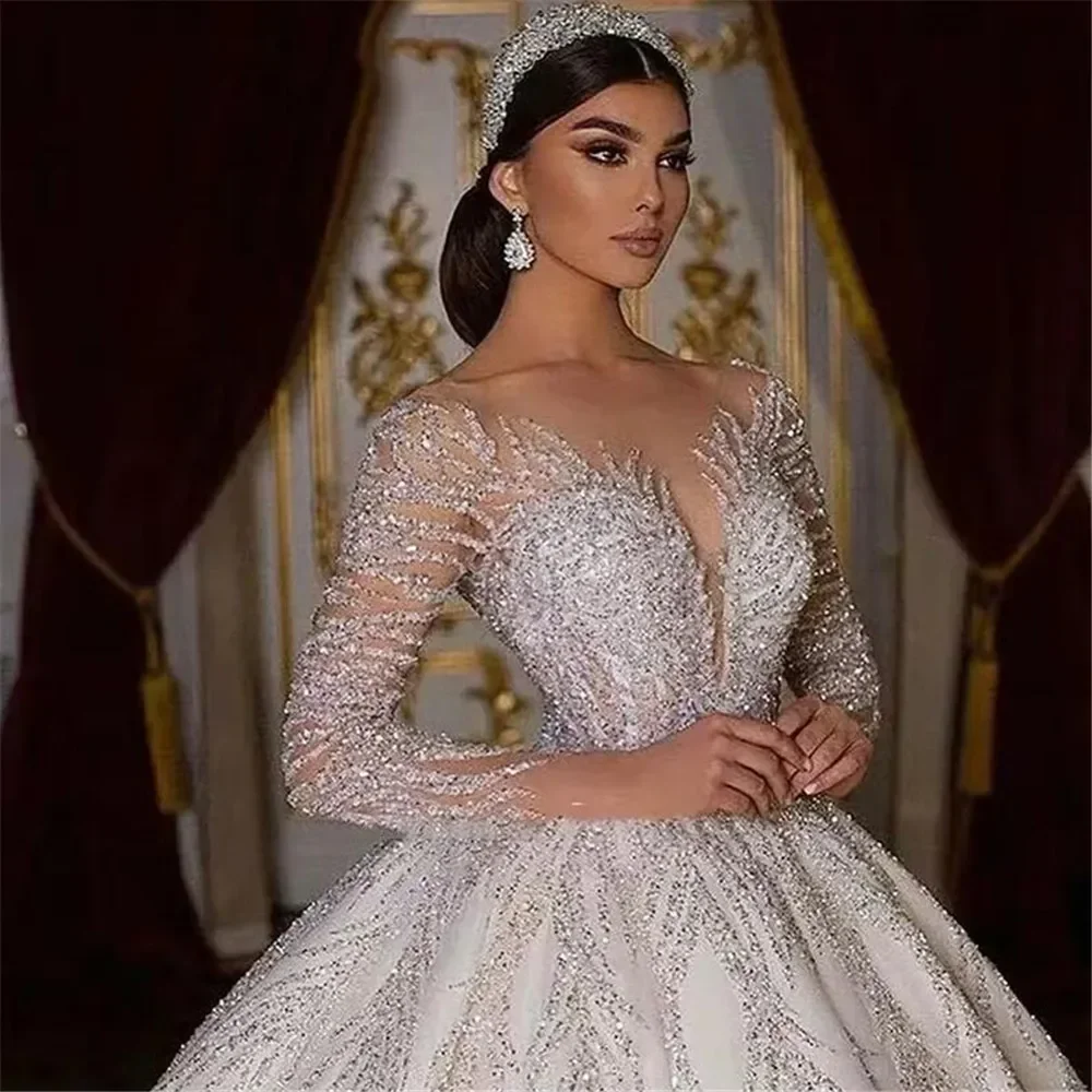 Customized Luxury Princess Wedding Dress Crystals Beaded Bridal Dress Illusion Tulle Long Sleeves Sparkly Vestidos De Novia