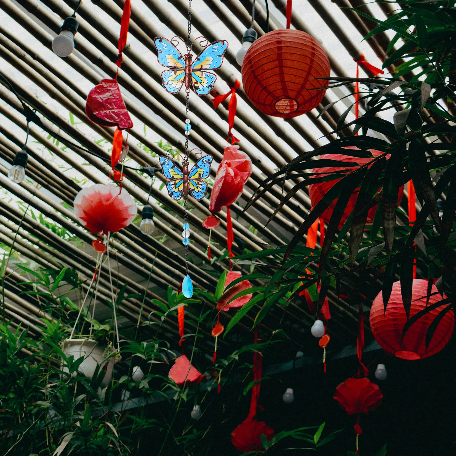 

Iron Butterfly Glass Painted Hanging Outdoor Decor Double Effects Garden Hanging Ornament