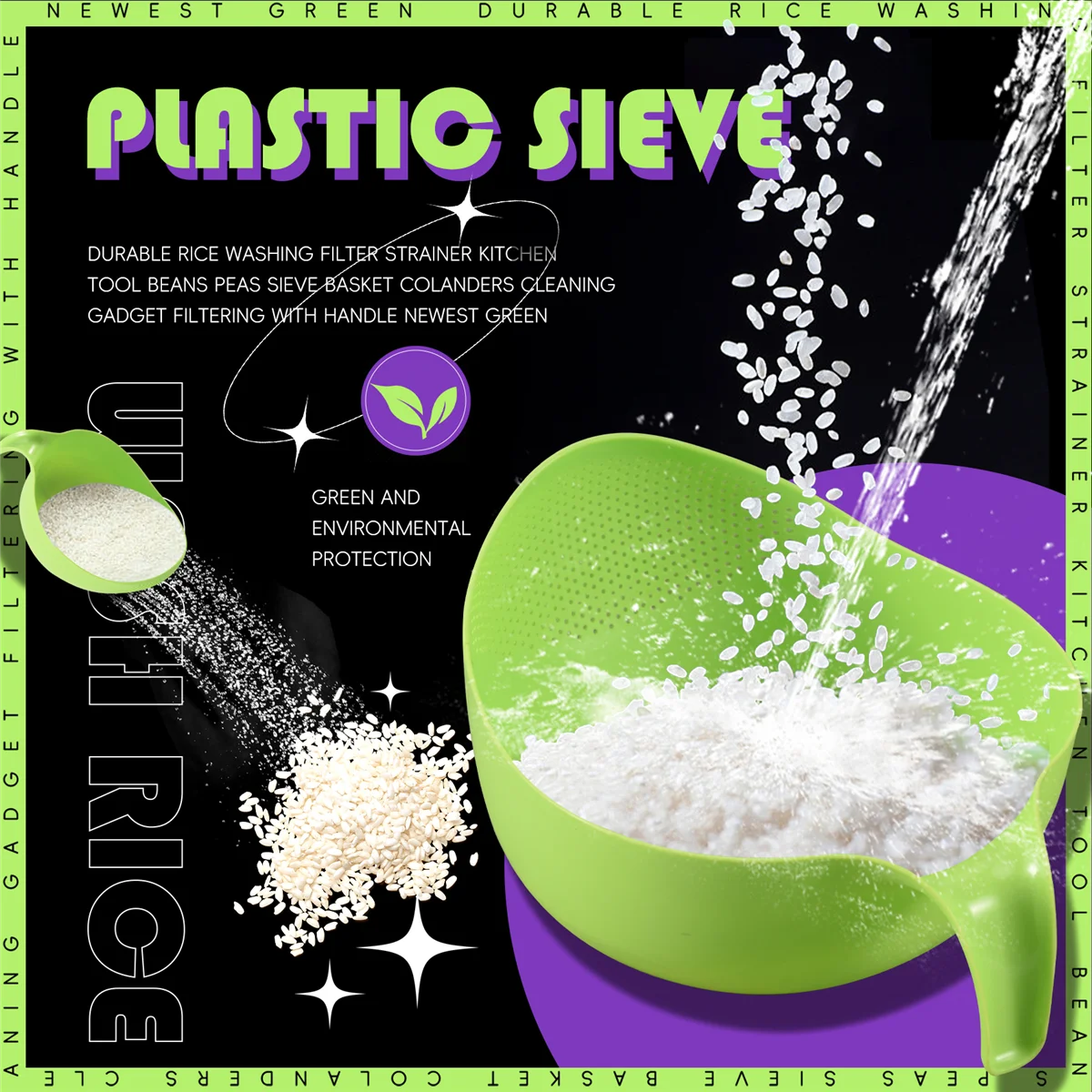 New  Rice Washing Filter Strainer Kitchen Tool Beans Peas Sieve Basket Colanders Cleaning Gadget Filtering With Handle Newest Gr