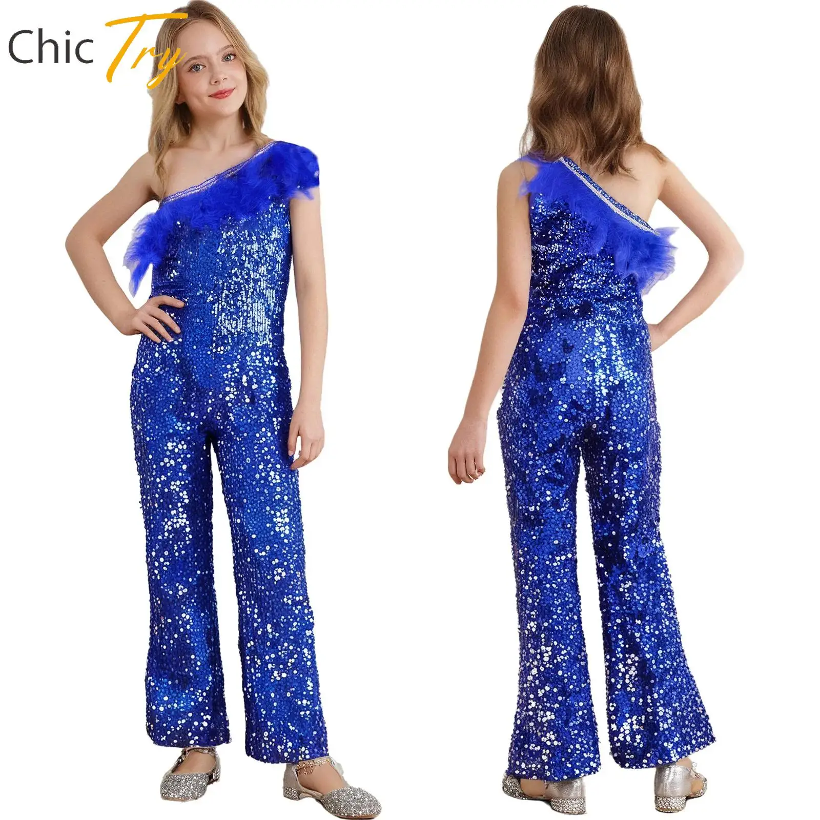 

New Style Kid Girl Sparkly Sequins Jumpsuit One Shoulder Feather Faux Diamond Jumpsuit for Banquet Pageant Wedding Prom Party