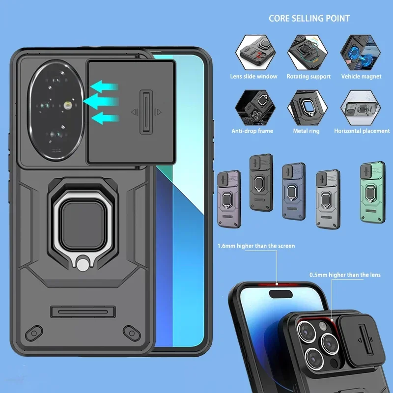 For Huawei Honor 200 Pro Case Slide Camera Protect Phone For Honor200 200Pro Magnetic Ring Holder Shockproof Armor Back Cover