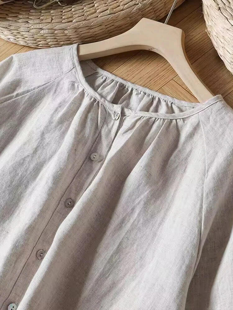 เสื้อผ้าผู้หญิงสไตล์ญี่ปุ่นย้อนยุค ผ้าลินินผสมฝ้าย แขน 3/4 ทรงหลวม คอกลม ทรงเข้ารูปเล็กน้อย เหมาะสำหรับฤดูร้อน