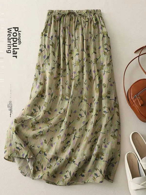 

Retro Floral Print Linen High Waist Midi Skirt Women's Summer Ele Aosphere Dstring A-Line Skirt Loose Fit Commute