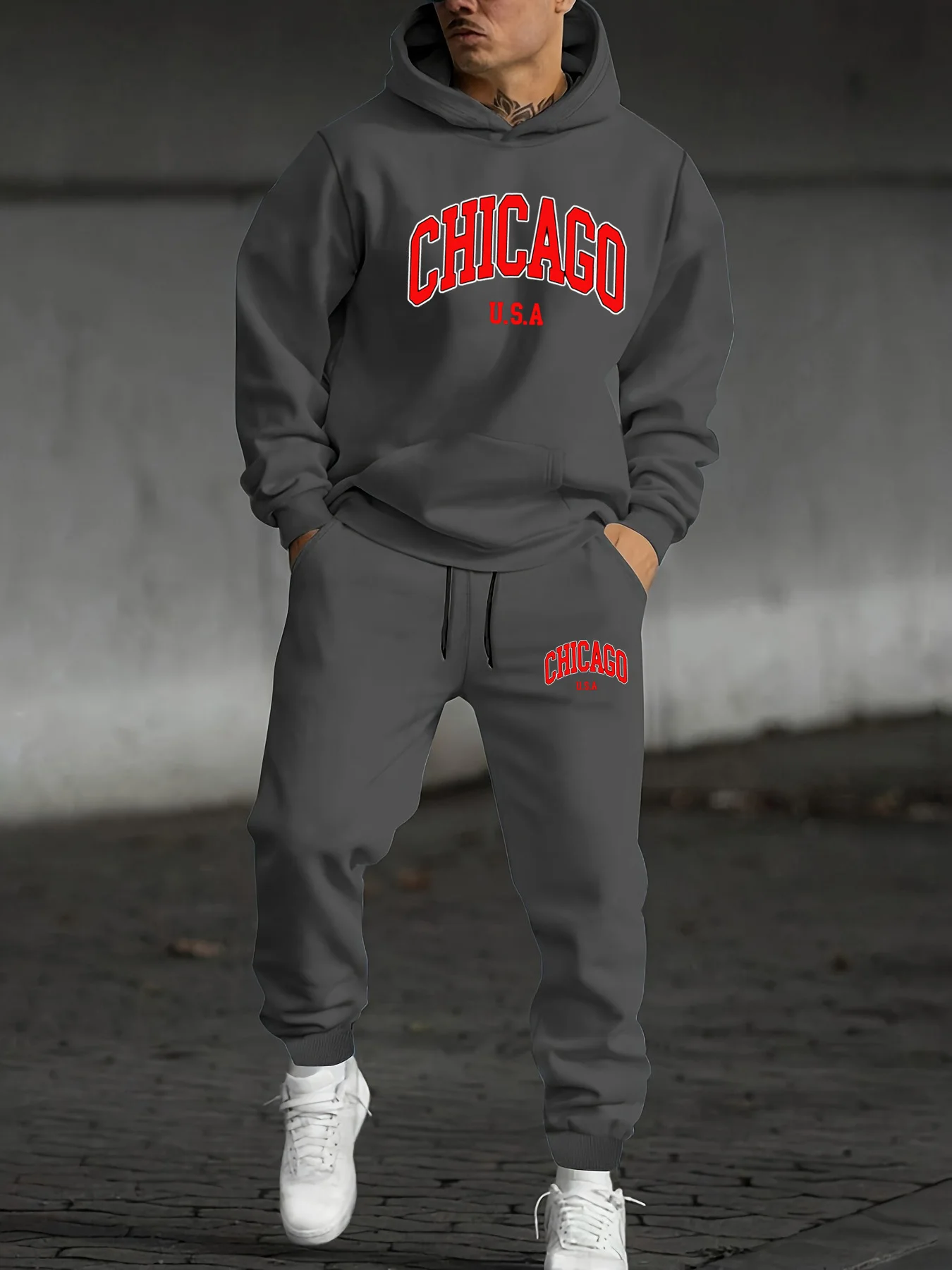 Heren herfst en winter casual mode warm CHICAGO USA patroon bedrukt los pluche dik sweatshirt met capuchon + joggingbroek set