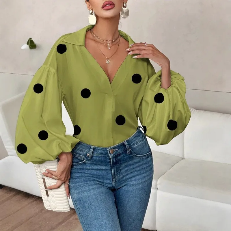 Polka Dot Top Loose Fit Regular Length Commuter Chic with Elegant No Button Closure Three Dimensional Cutting Tops for Women