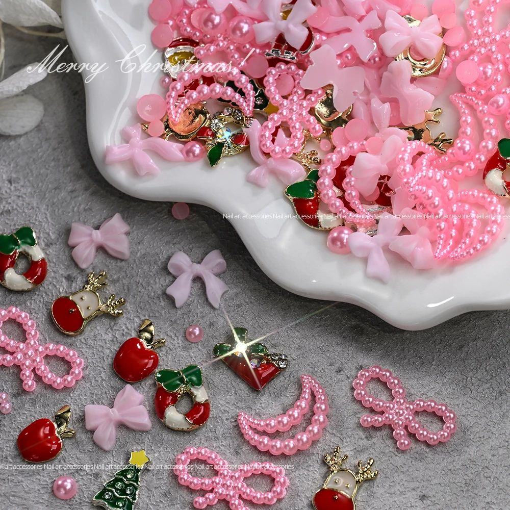 12 grilles 3D arbre de noël Elk père noël bonhomme de neige breloques pour ongles rose nœud papillon perles décoration bijoux à bricoler soi-même ongles strass accès