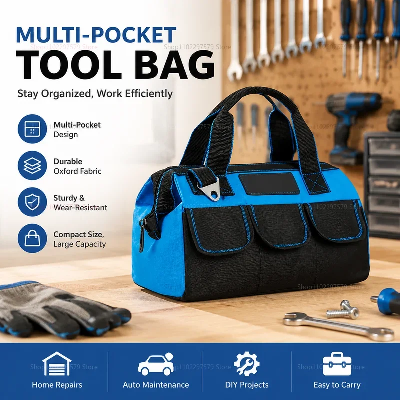 

13 Inch Oxford Canvas Waterproof Multi-Functional Tool Bag for Electrician Repair Storage Heavy Duty Wear-Resistant Large
