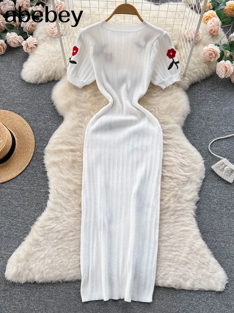 Vestido de crochê cortado em malha para mulheres, manga curta, Maxi, vestido de praia longa, Jurk Dames, vestidos femininos, 2023