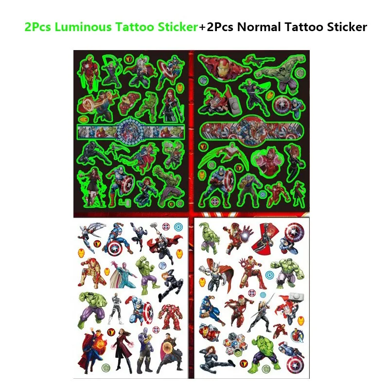 4 pz/set Disney Luminous Avengers Tattoo Stickers impermeabile Stitch Frozen Sticker forniture per feste di compleanno decorazione regalo per bambini