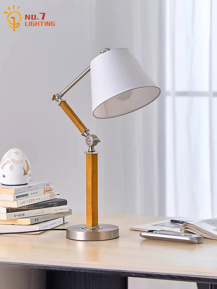 Medieval Bauhaus Swing Arm Solid Wood Table Lamp LED E27 Atmosphere Designer Desk Lights Study Reading Bedside Studio Bedroom