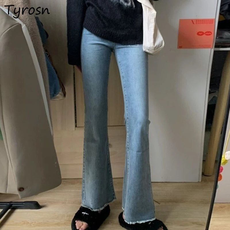 Flare Jeans Women American Retro High Waist Solid Fur-lined Elastic Streetwear Korean Fashion All-match Spring Trousers Chic