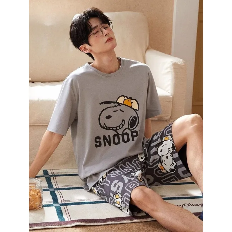 سنوبي الكرتون أنيمي منامة الرجال في الصيف ارتداء قصيرة الأكمام السراويل دعوى القطن الخالص الرجال ملابس المنزل هدية عيد ميلاد بالجملة