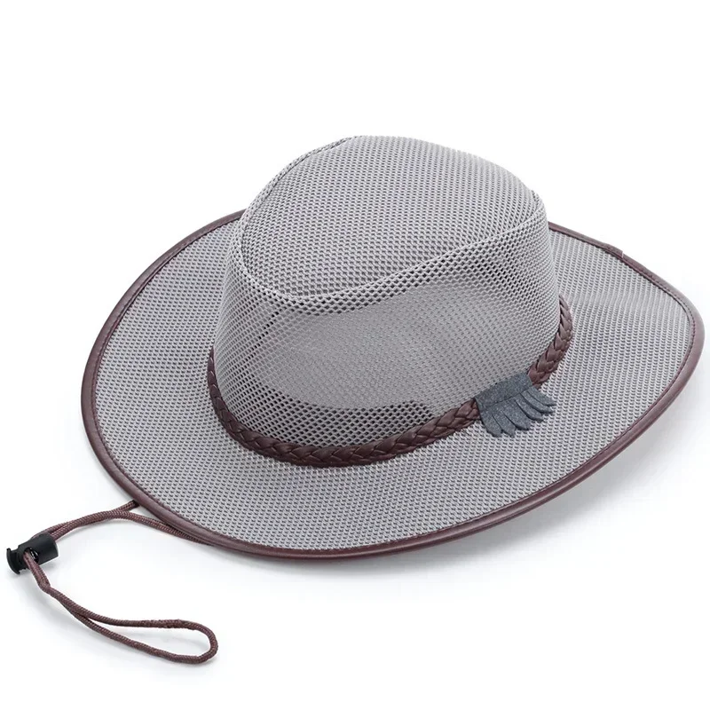 Hollow Out Breathable Shade Adjustment Rope Straw Cap Solid Color Sun Protection Summer Men Beach Hat Jazz Hat