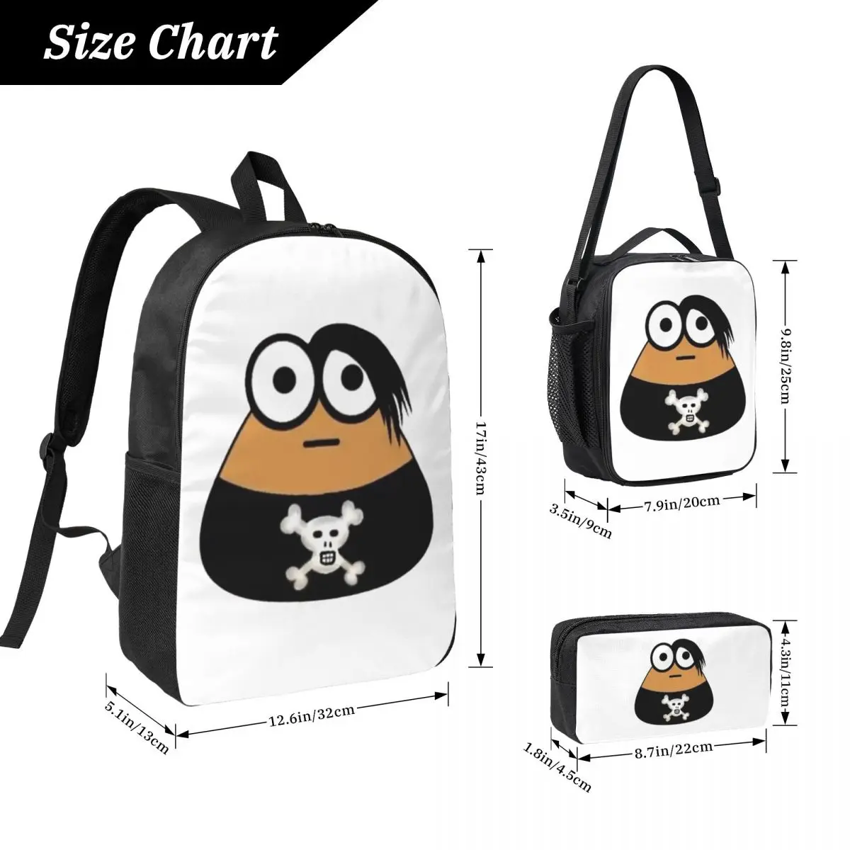 Emo Goth Pou Meme Brown Alien Baby Mobile Pet Backpack BookBag School Bag Laptop Shoulder Bags 3ps Lunch Bag Pencil Case