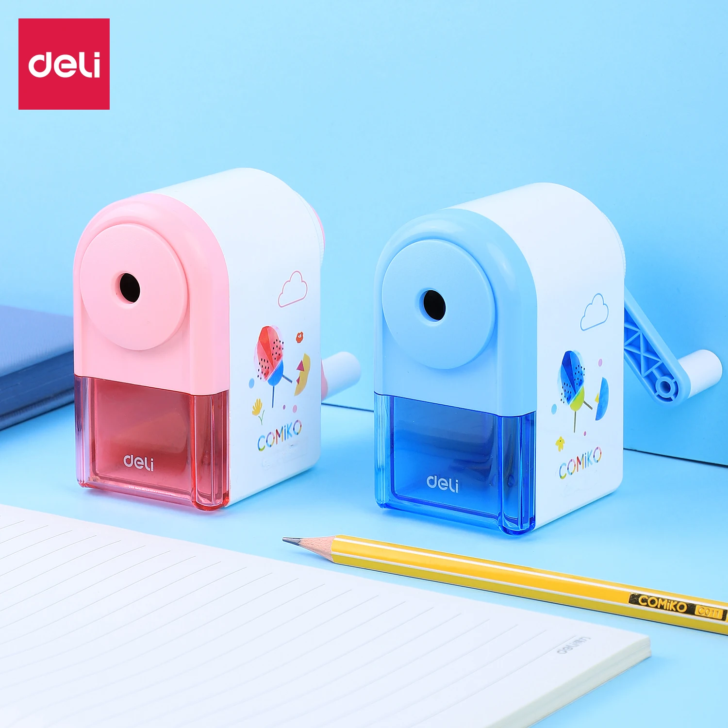 Deli Cute Rotary Pencil Sharpener Long Lasting Blade Diameter 8mm Hand Crank Pencil Sharpener Blue Pink For School Stationery