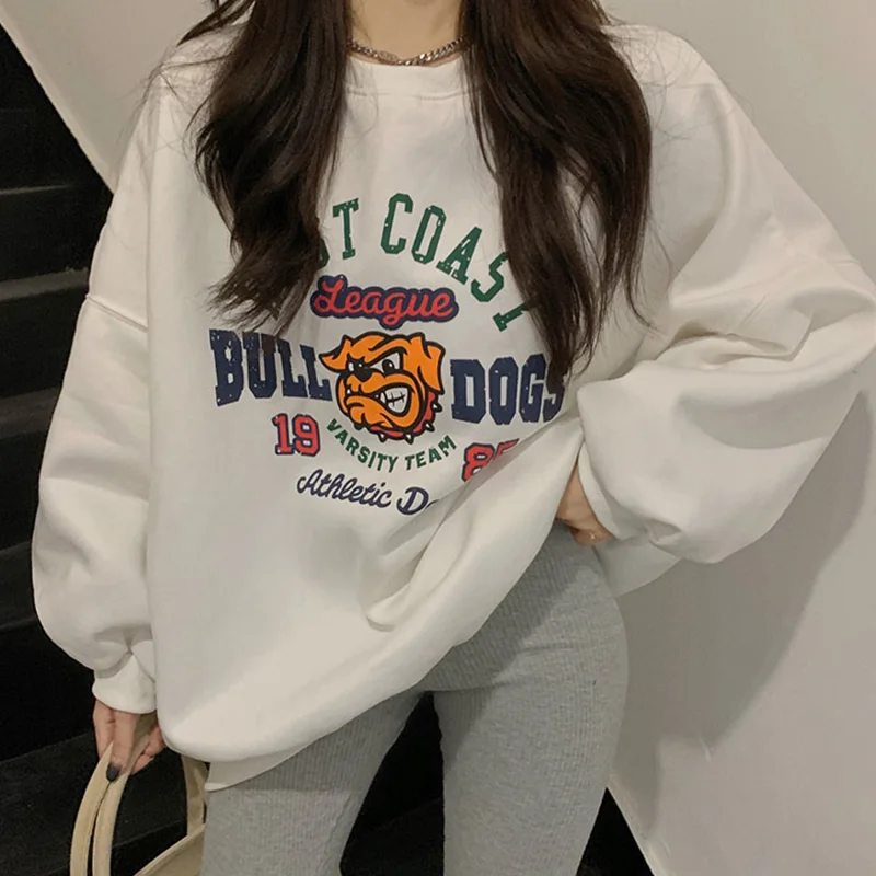 Women Orange Sweatshirt Letter Printing Crew Neck Fashion Oversized Baggy Vintage Thicken Long Sleeves Pullover Tops Winter