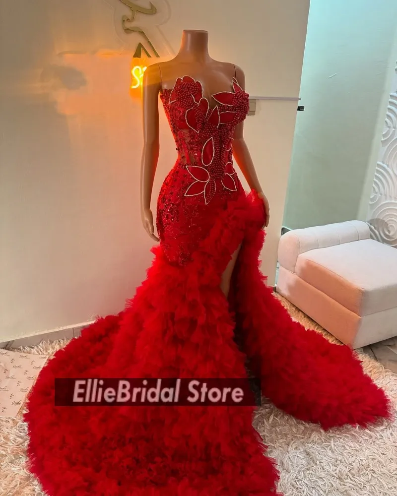 Abiti da sera rossi di lusso Perle Sweetheart Sirena Abiti da festa di nozze Dubai Abito da ballo di fidanzamento 2025 Personalizzato