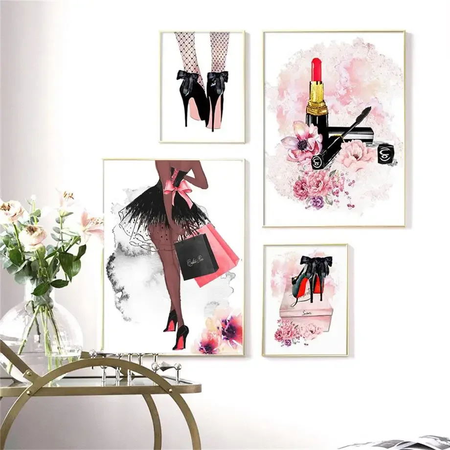 

Fashion Girl Lipstick Makeup High Heels Wall Art Canvas Painting Nordic Posters And Prints Wall Pictures For Living Room Decor