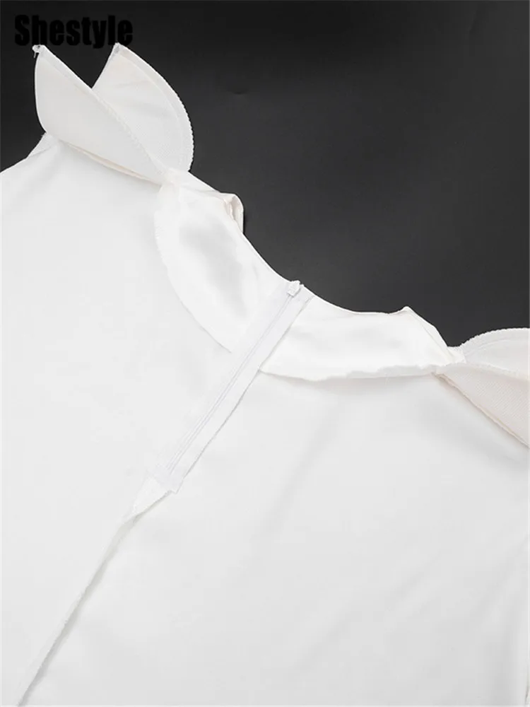 Shestyle Elegant White Pullover Blouse Women Irregular Solid Satin High End Design Crew Neck Shoulder Pads Zipper Fly Top Shirt