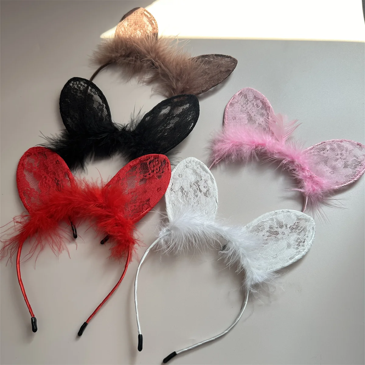 Sexy White Black Head Bezel Hairy Feather Lace Cat Ears Cute HairBand Solid Color Cosplay Headdress Girls Women Hair Accessories